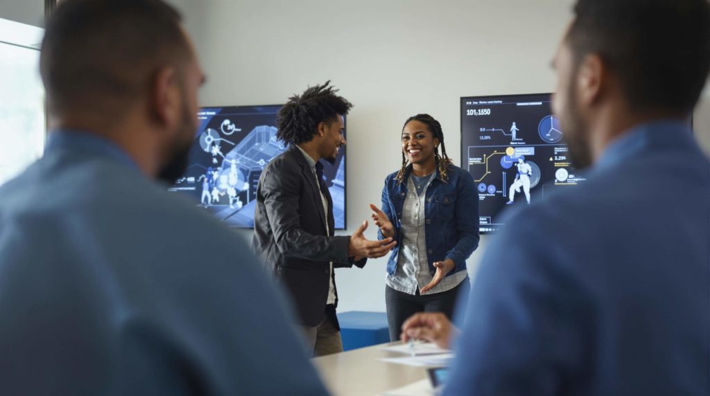 Two professionals engaging in a discussion in a modern conference room with digital analytics on screens.
