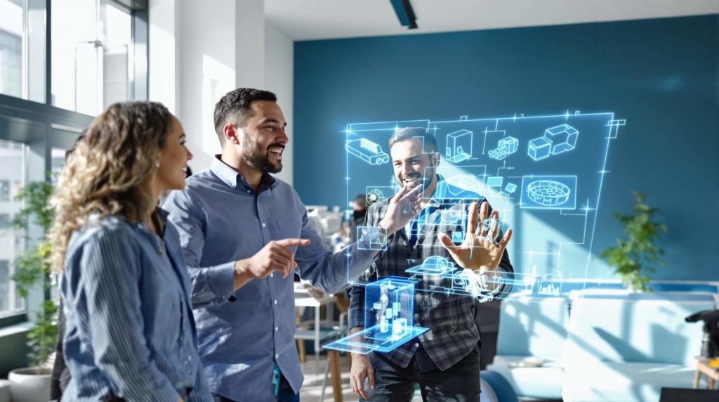 Team collaboration in a modern office using augmented reality for innovative design and project brainstorming.
