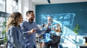 Team collaboration in a modern office using augmented reality for innovative design and project brainstorming.