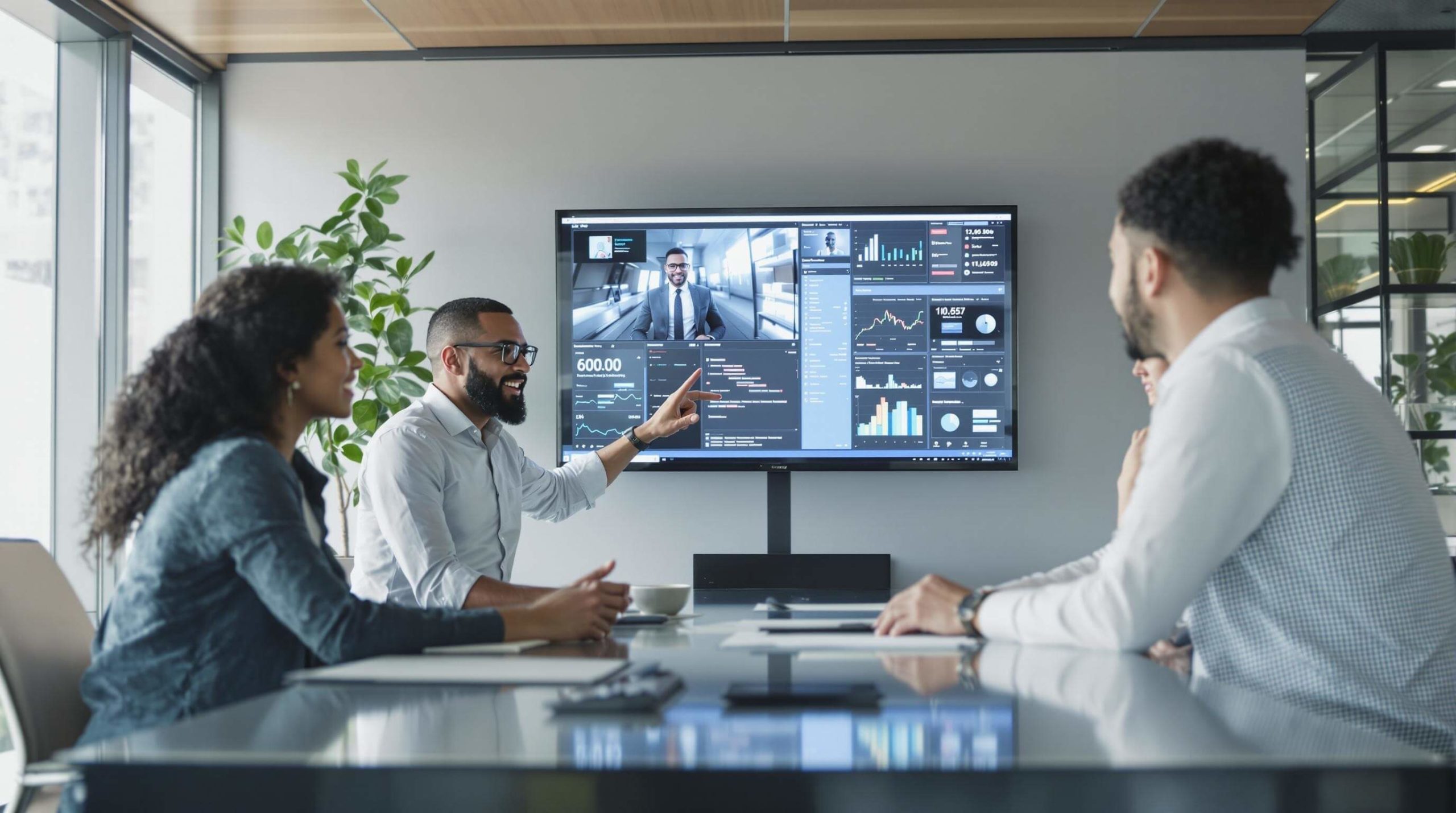 Business team engaged in a video conference meeting, discussing data analytics on a large screen in a modern office.