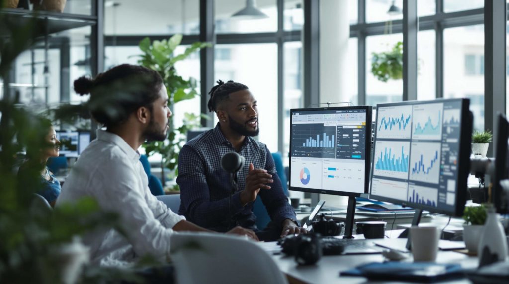 Two professionals collaborating in a modern office, discussing data analytics on computer screens with charts.