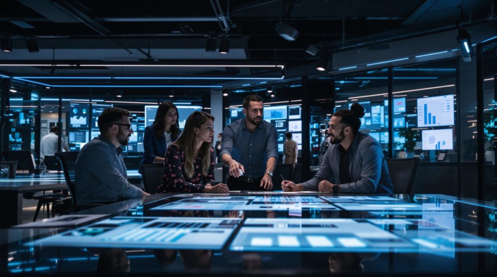 Business team collaborating in a modern office, analyzing data on digital displays and discussing strategies.