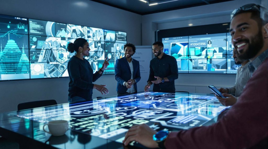 Group of diverse professionals engaging in discussion around a high-tech table with digital graphics in a modern office.